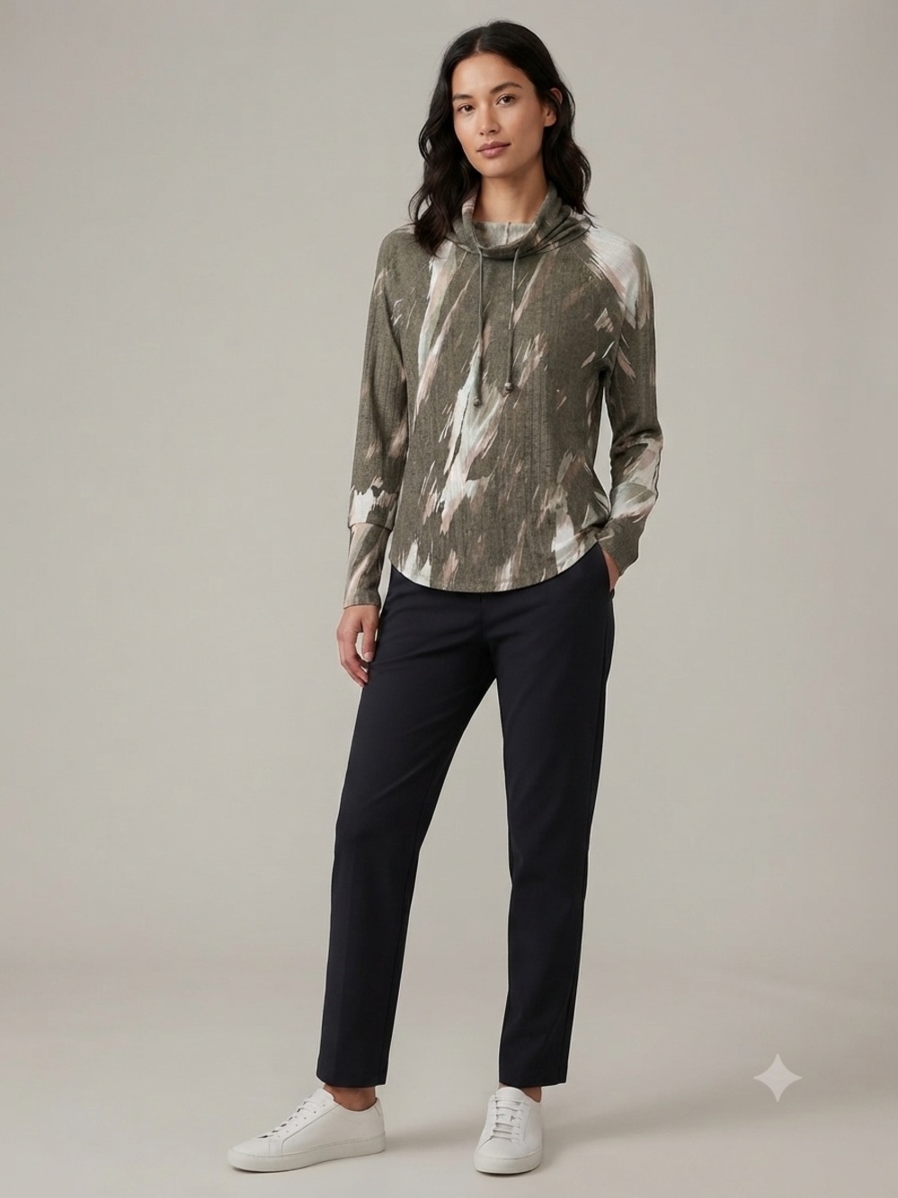 Chaser Olive Abstract Print Cowl Neck Long Sleeve Top Size M